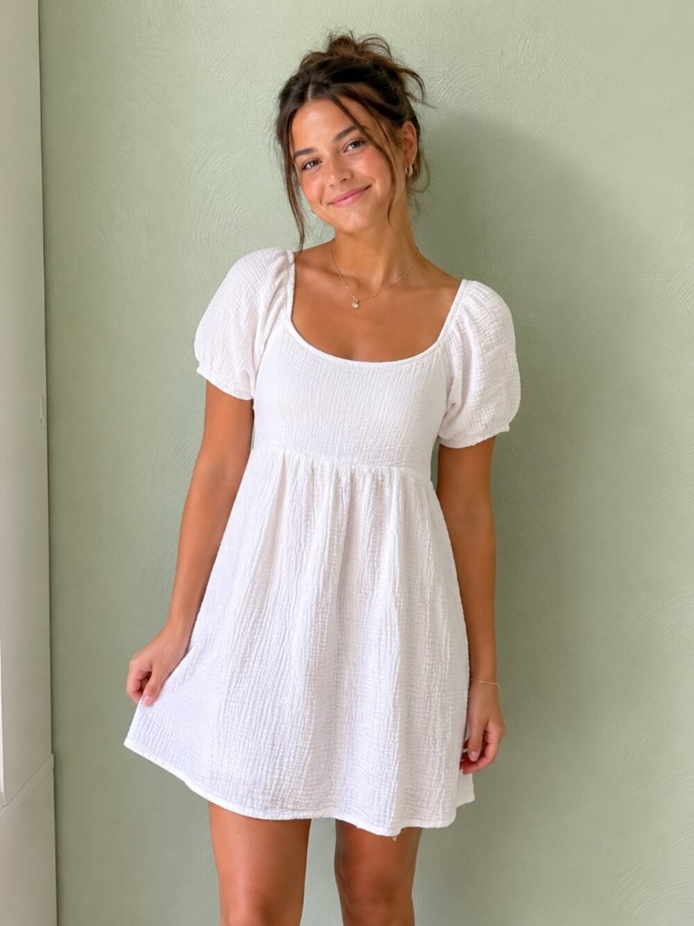 Gilli White Gauze Babydoll Mini Dress Size S - Puff Sleeve Open Back Cottagecore